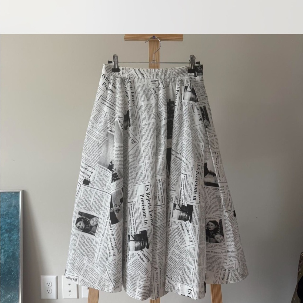 Mignon Black and White Newspaper Print A-Line Skirt